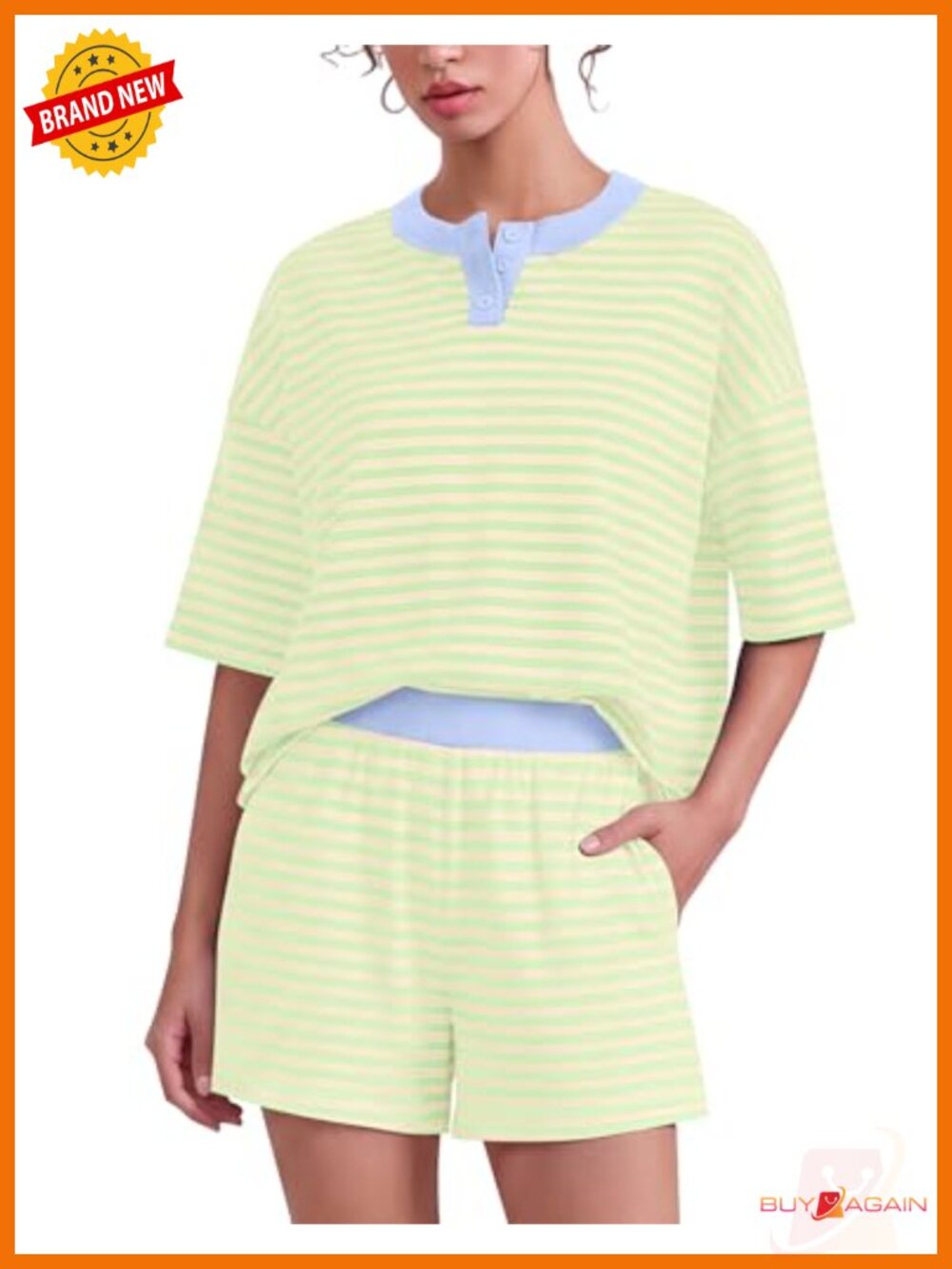Women's Striped Henley Tee & Shorts 2 Piece Lounge Set Cotton Blend